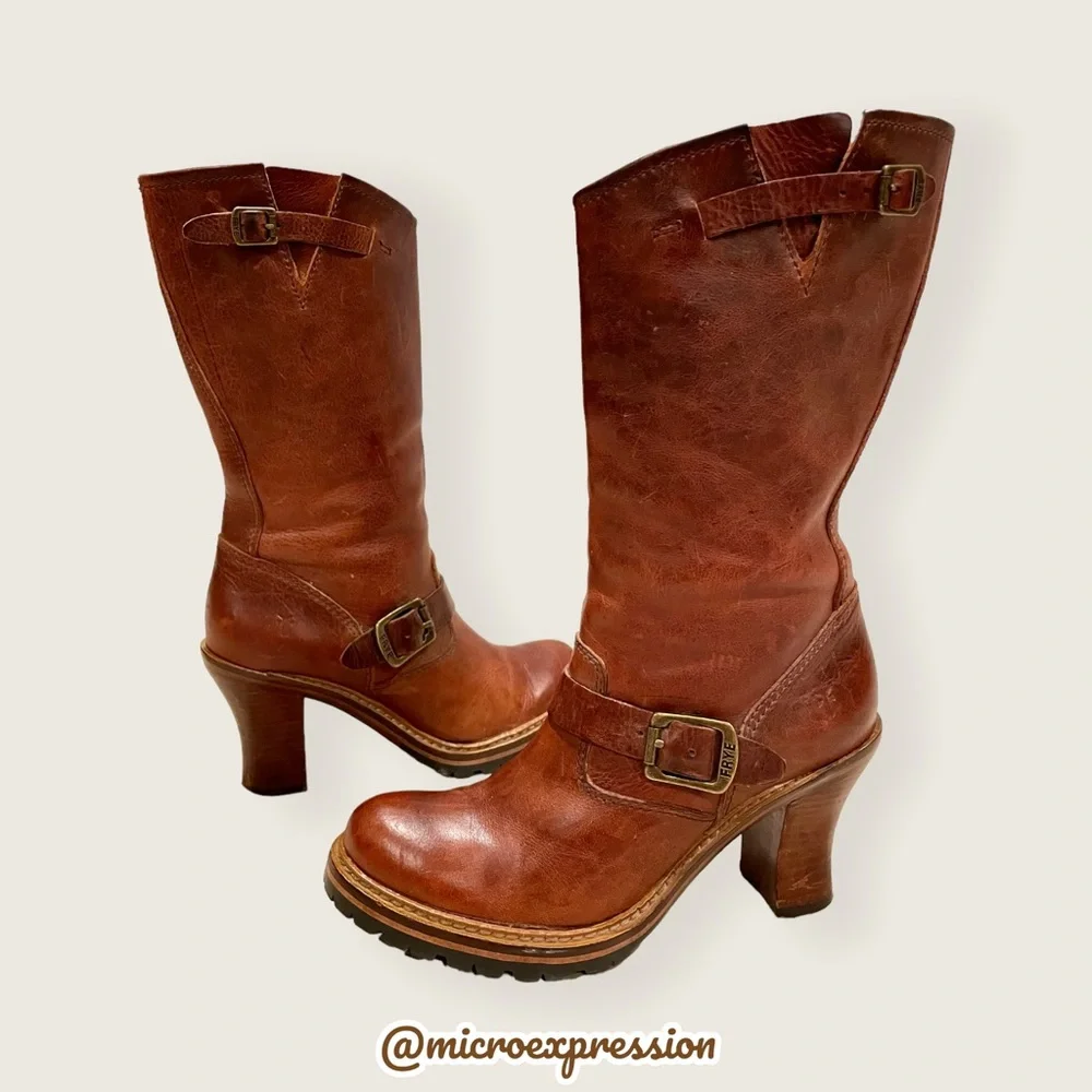 $388 Frye Mildred Brown English Engineer Leather Buckled Heeled Riding Boots